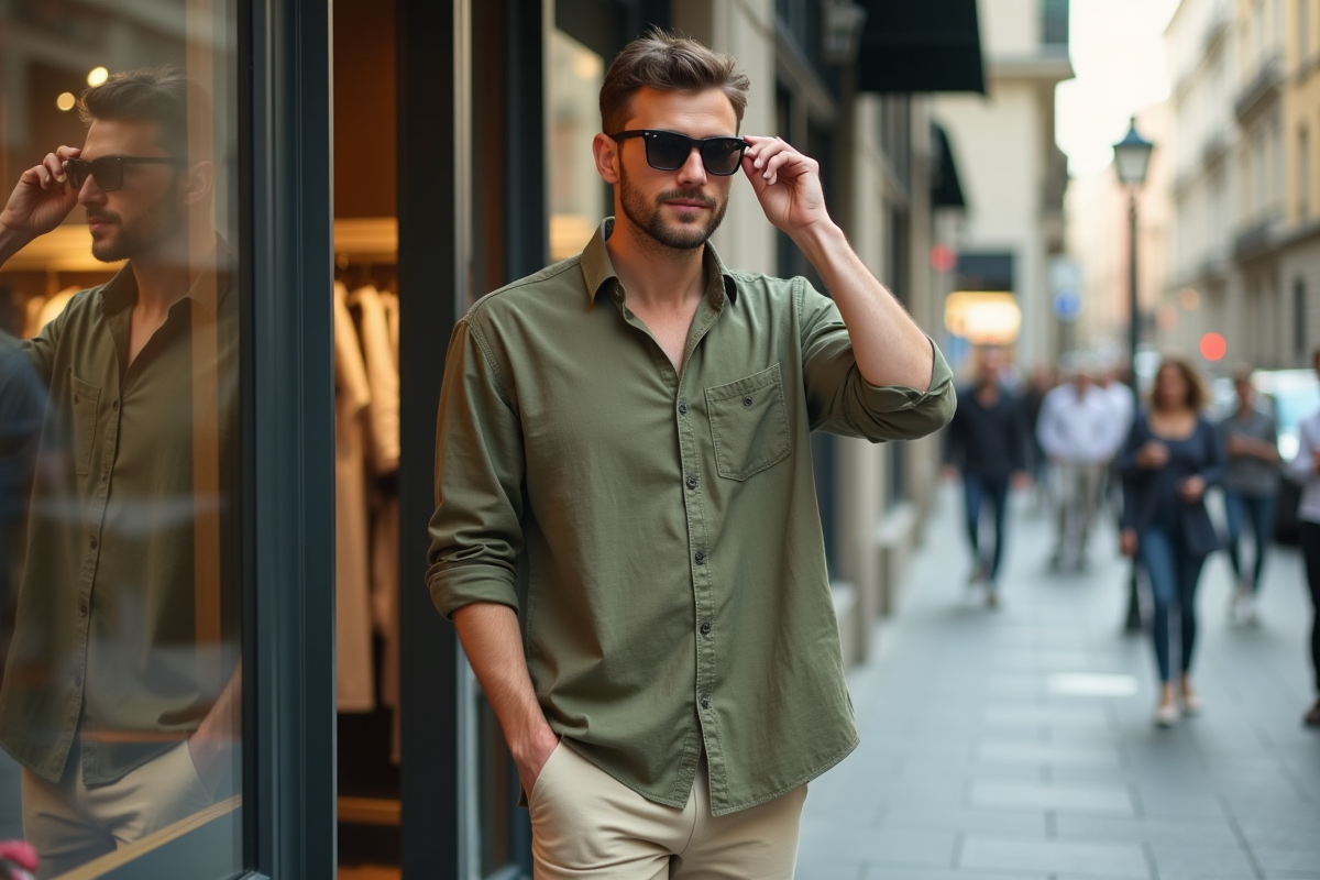 Homme décontracté ajustant ses lunettes en ville