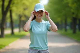 Jeune femme ajustant son bonnet anti-sueur dans un parc urbain