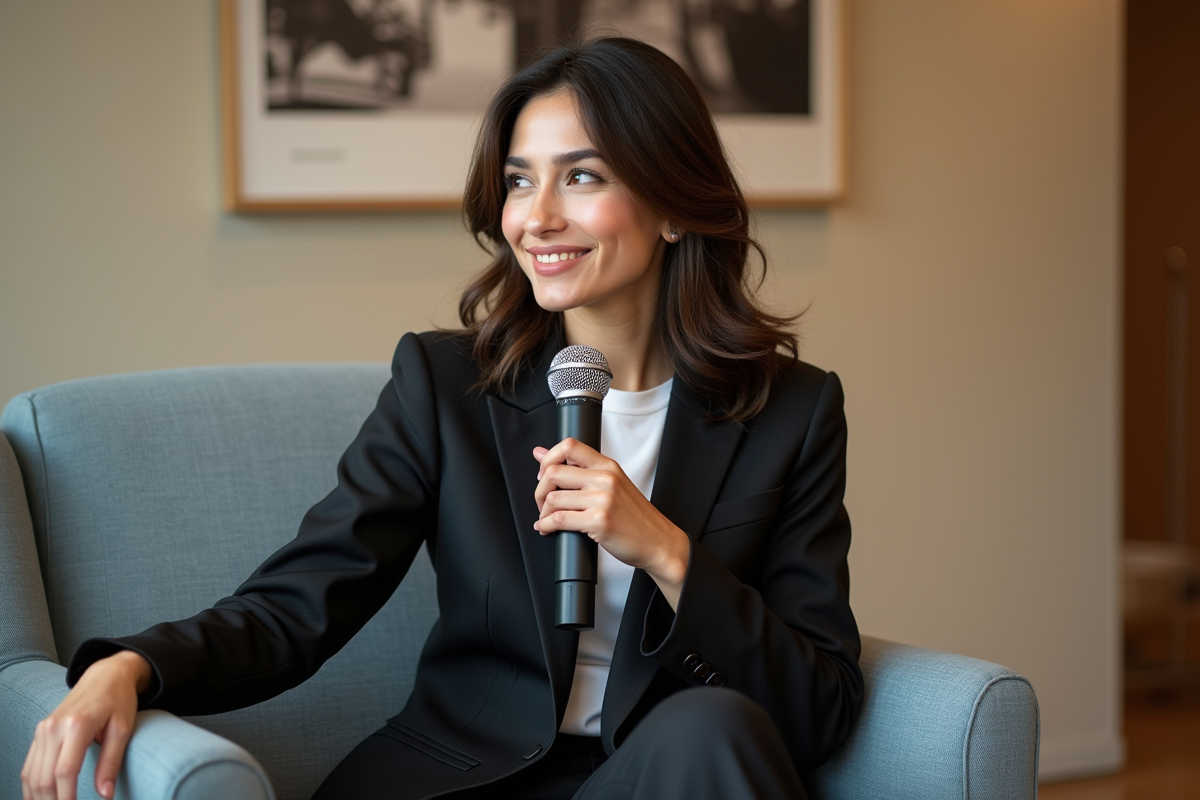 Jeune femme célébrité posant avec un micro lors d