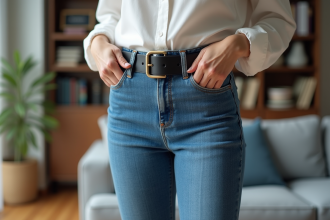 Femme en jeans et ceinture ajustant son accessoire dans un intérieur moderne