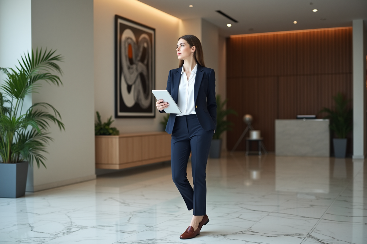 Jeune femme en business casual dans un lobby d