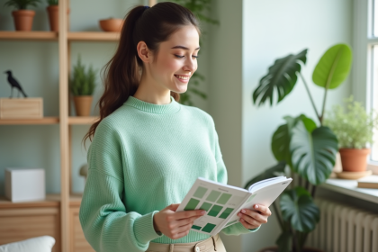 Jeune femme tenant un nuancier de couleurs mint dans un salon lumineux