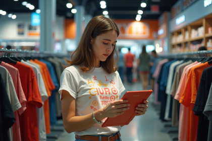 Jeune femme examine un tshirt à motif dans un magasin de mode
