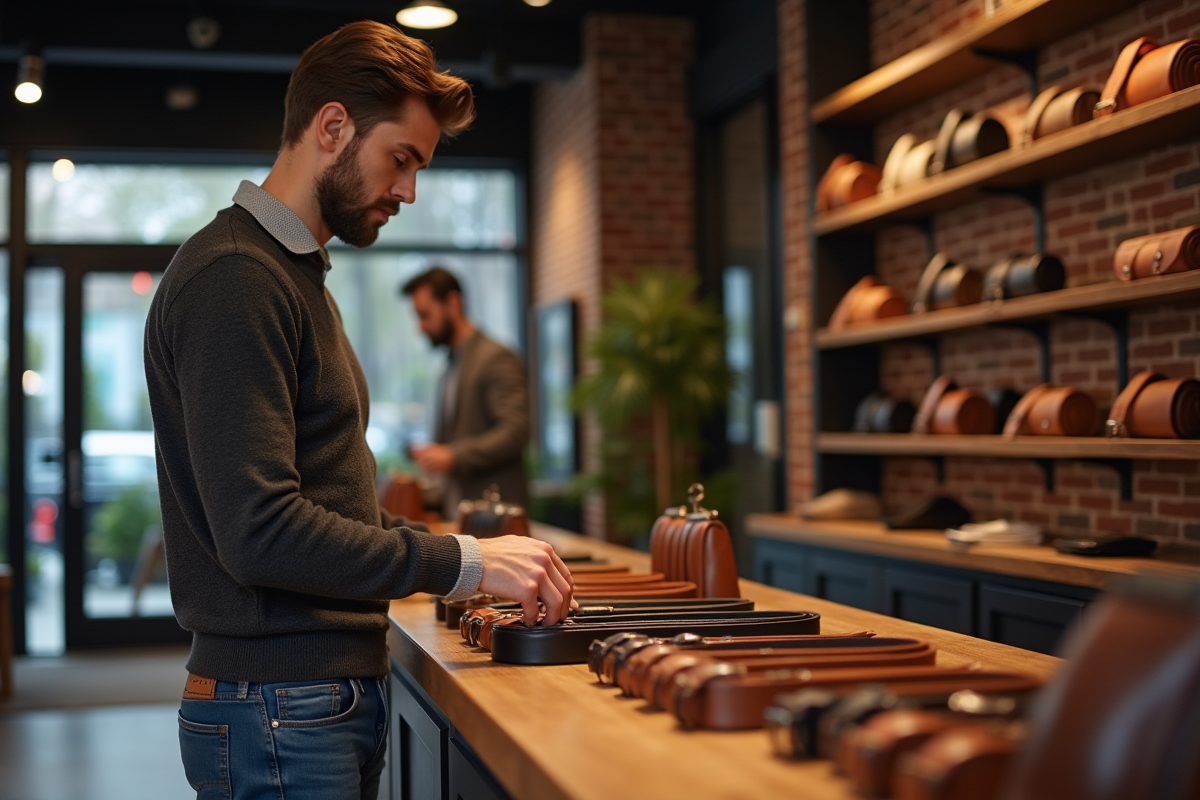 Jeune homme regardant des ceintures en boutique