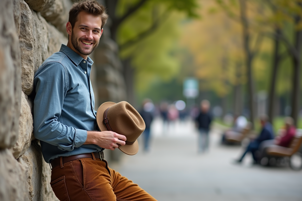 Jeune homme souriant avec chapeaux dans un parc urbain