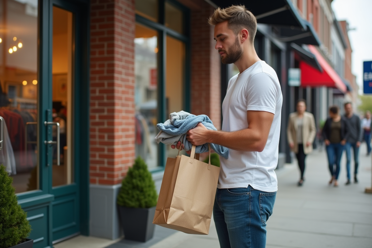 Jeune homme donnant des vêtements dans une boutique de seconde main