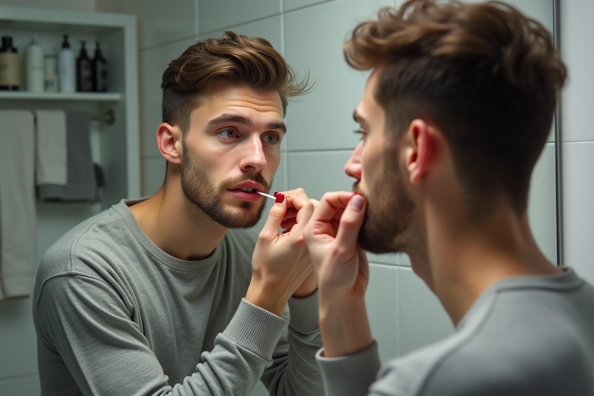 Jeune homme se maquillant les lèvres dans sa salle de bain