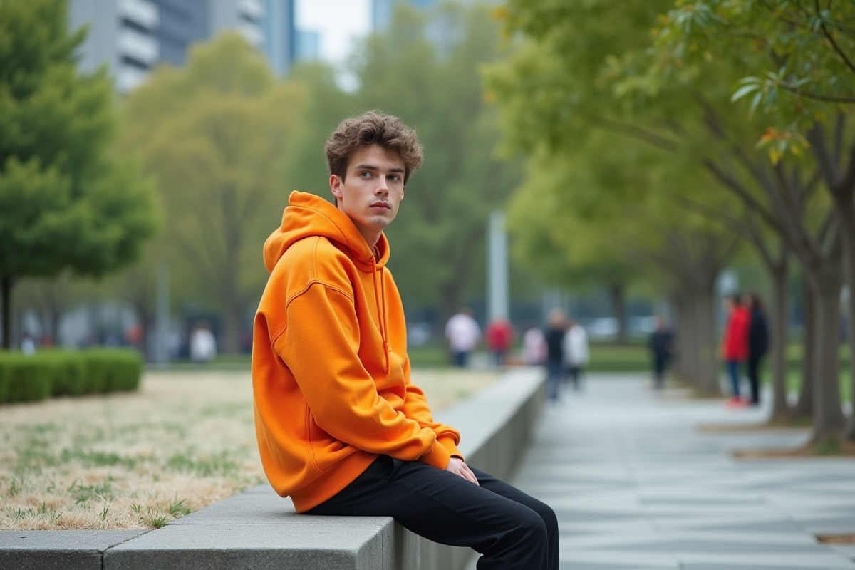 Jeune homme en streetwear dans un parc urbain en 2025