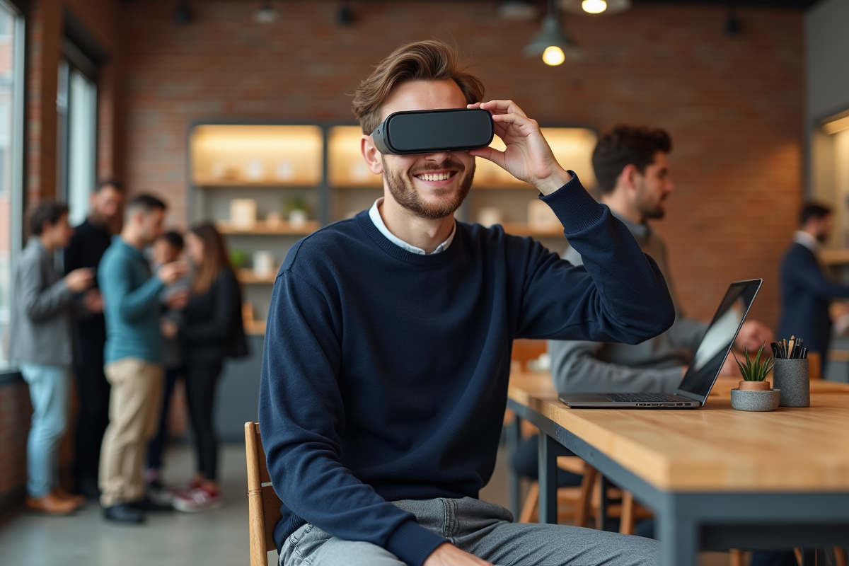 Jeune homme essayant des lunettes AR dans une boutique urbaine