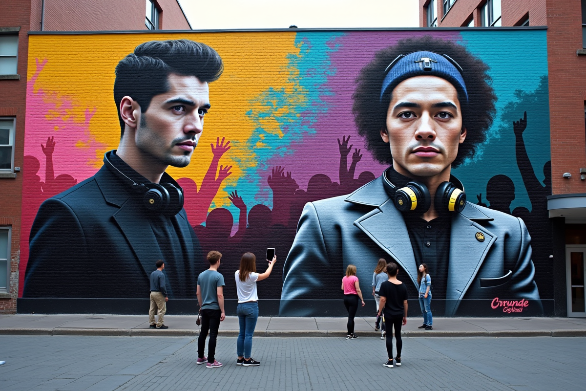 Mural coloré de deux DJ célèbres dans une place urbaine animée