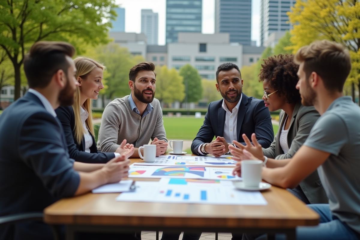 Groupe de professionnels en discussion en plein air